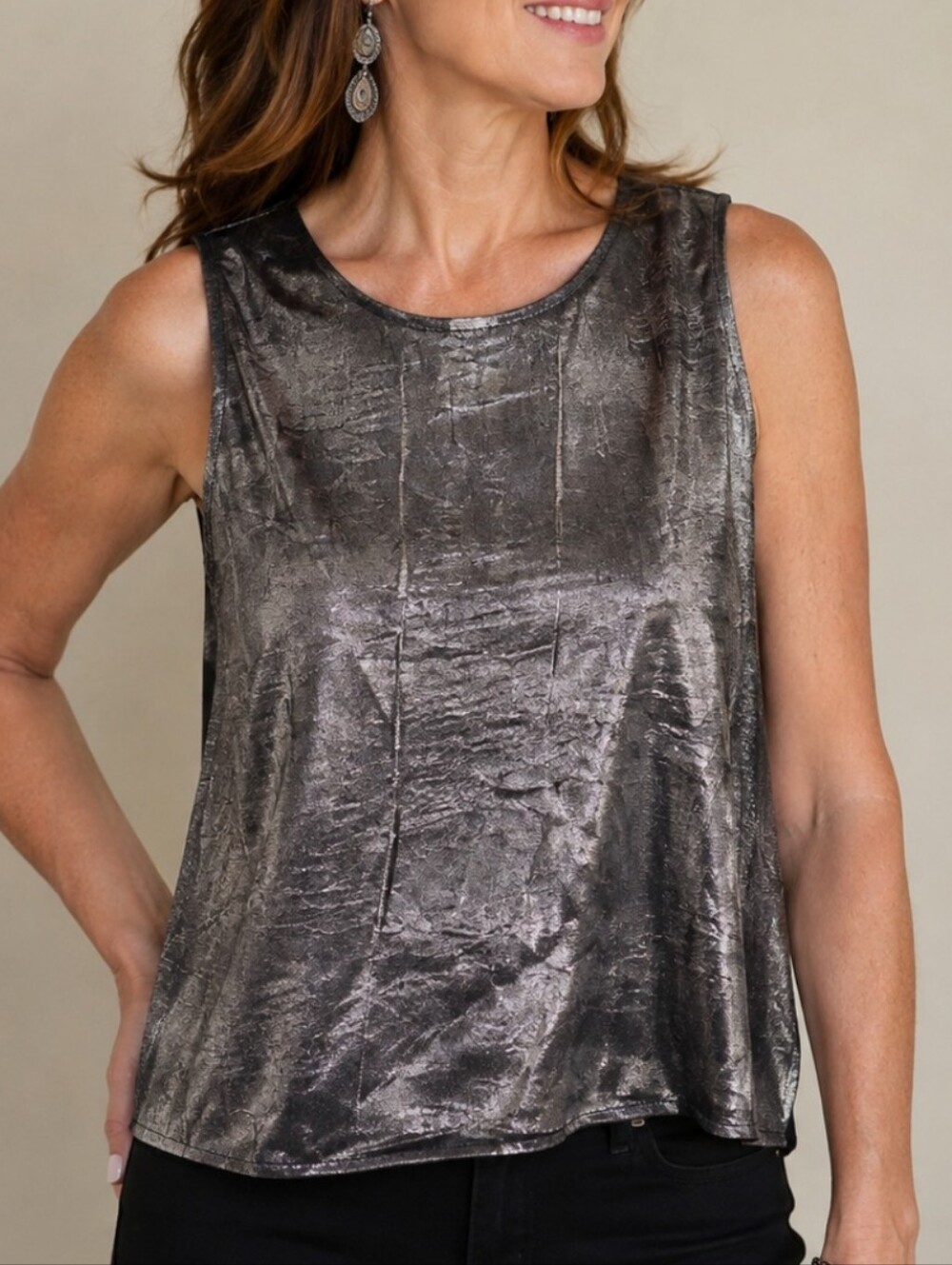 VTG ERENA Gunmetal Silver Metallic Sleeveless Satin Shell Blouse